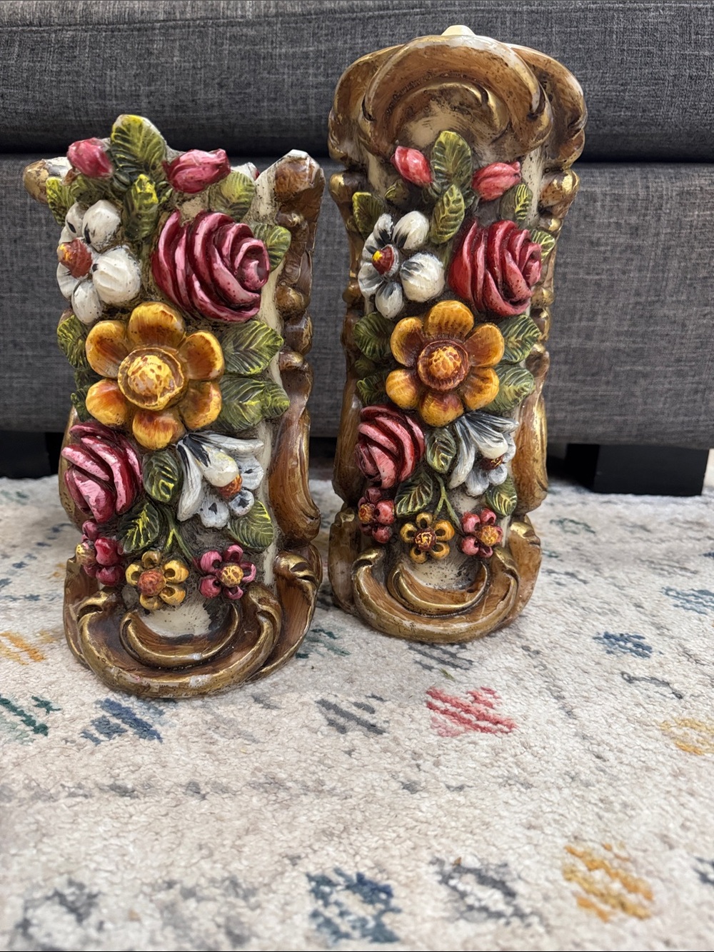 Vintage 1970s Sculpted Floral Wax Candle Pair Rococo Fairy core
